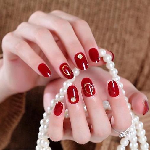 Chiodo- Kuku Palsu Plus Lem Nail Art Wedding Kuku Palsu Merah Maroon Gold Mas Polish