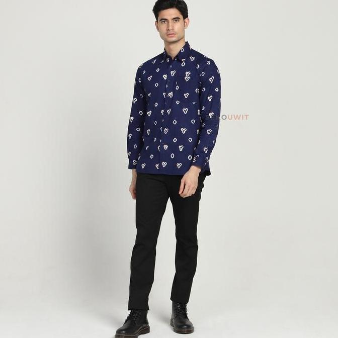 Kemeja Batik Pria DAMAR Kemeja Formal Batik Jumputan Lengan Panjang Sekouwit - Navy Blue