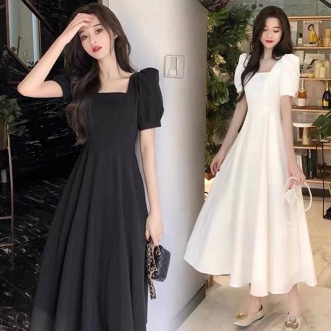 New 1312 Dress Long Korean Style Vintage Princess Hitam Wanita Cantik Lengan Panjang Midi Big Size D