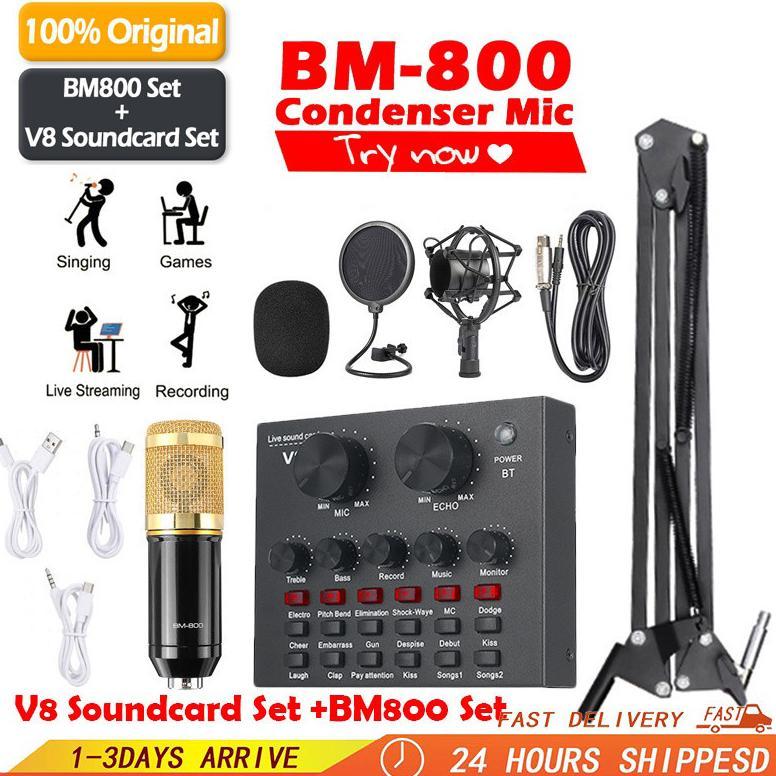 Soundcard V8/PAKET KUMPLIT MIC CONDENSER BM 800 + STAND + SOUNDCARD V8 + SPLITTER