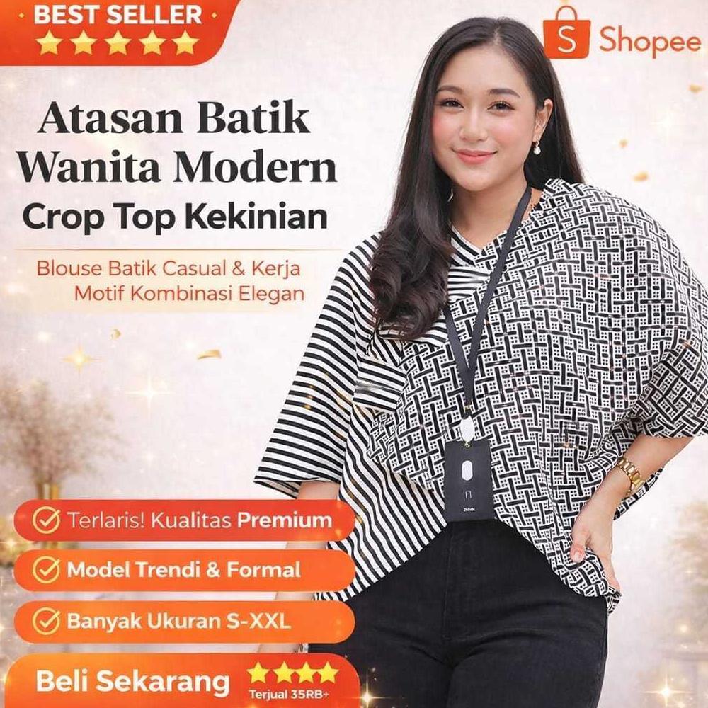 Premium Best Seller Atasan Batik Wanita Modern Crop Top Kekinian | Blouse Batik Casual Kerja Kantor 