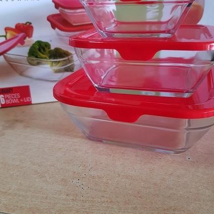 1 Set Mangkok Kaca Tutup Kotak Isi 3 Pcs |Mangkok Kaca|Mangkok Sayur |Mangkok Bekal|Mangkok Souvenir