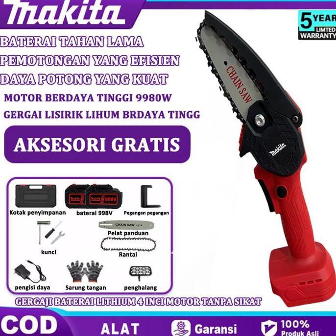 HILYAWN MAKITA Mesin Chainsaw 4 Inch Cordless Chainsaw 998V Gergaji Baterai Gergaji Rantai Elektrik 