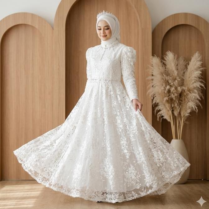 Gamis Putih Tile Bordir Payet Baju Busana Muslim Akad 70241 151