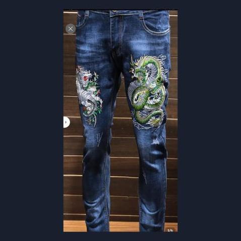 Celana jeans Pria bordir Premium naga dan harimau Slim-fitting Biru Denim