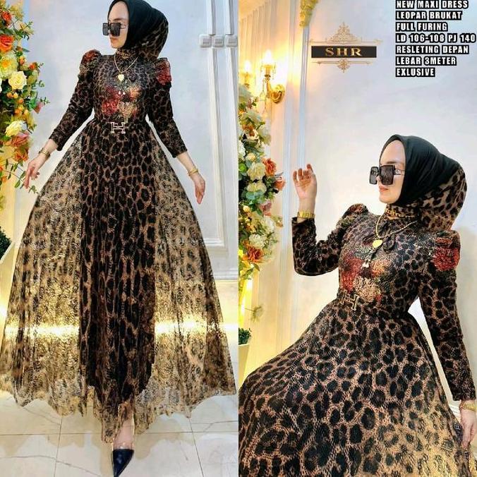 Ready Gamis Leopard Brukat Ori SHR Maxi Dress Wanita Motif Pesta