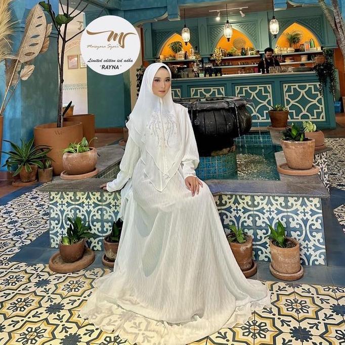 Bening Widayati Maisyara Gamis Rayna Set Khimar S M L XL Dress Putih Polos Ceruty Plisket Mewah Busu