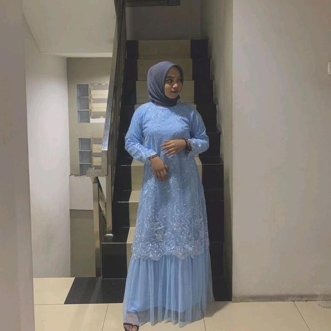 Gamis tutu kombinasi brokat tile seragam pesta Dress Wanita Mewah Muslim Nyaman Remaja Putih Kondang