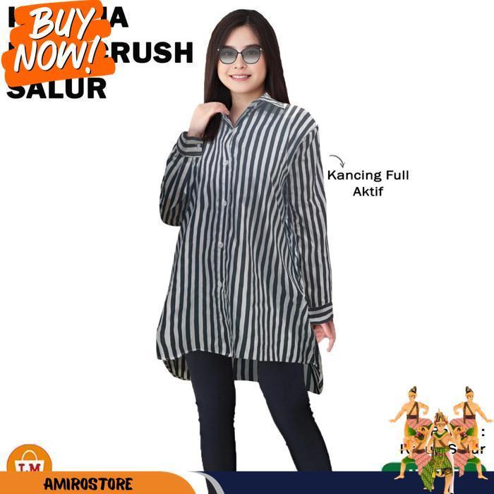 Baju Koko Muslim Garis Salur Hitam Putih Lengan Pendek Lengan Panjang Casual Ganjar Pranowo Atasan H