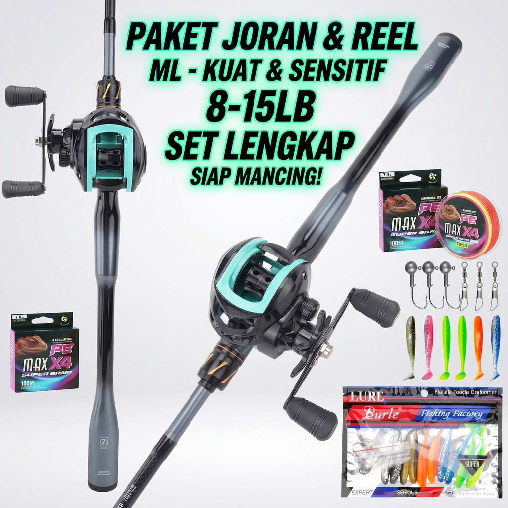 SET Alat Pancing Casting Lengkap Joran Carbon ML 8-15LB & Reel Baitcasting High Speed 18+1BB Soft Lu
