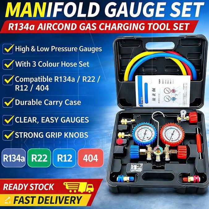 pradipta.riyadi - r134a mobil ac pressure mainfold gauge hose kit alat pengukur manifold ac pendingi