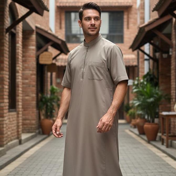 Jubah Pria FAREEQ Baju Muslim Lengan Pendek Kerah Bulat & Resleting | ArabTsaub
