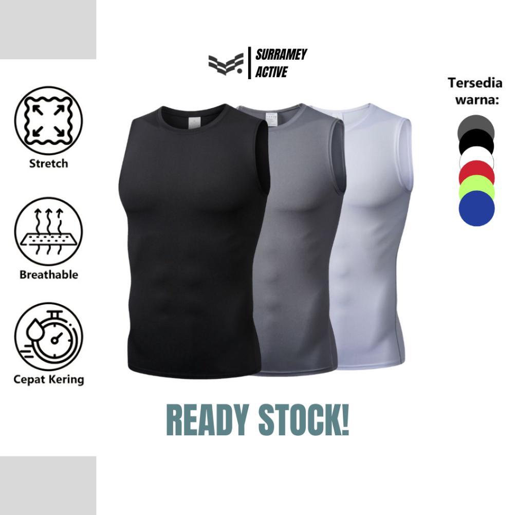 Surramey Active Baselayer Kaos Singlet Sleeveless Baju Sport Compression Shirt Pria Elastis Olahraga