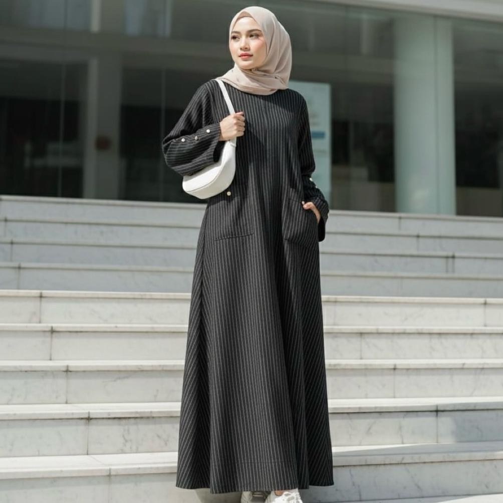 PREMIUM Abaya Salur Strip Gamis Motif Salur Semiwoll Busui