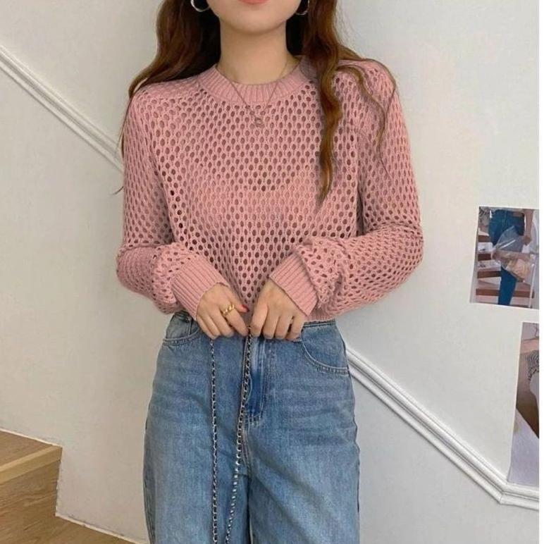 Termurah Sweater Fuji Basic Crop Top Rajut Jaring Ootd / Sweater Crop Top Rajut Jaring Fuji