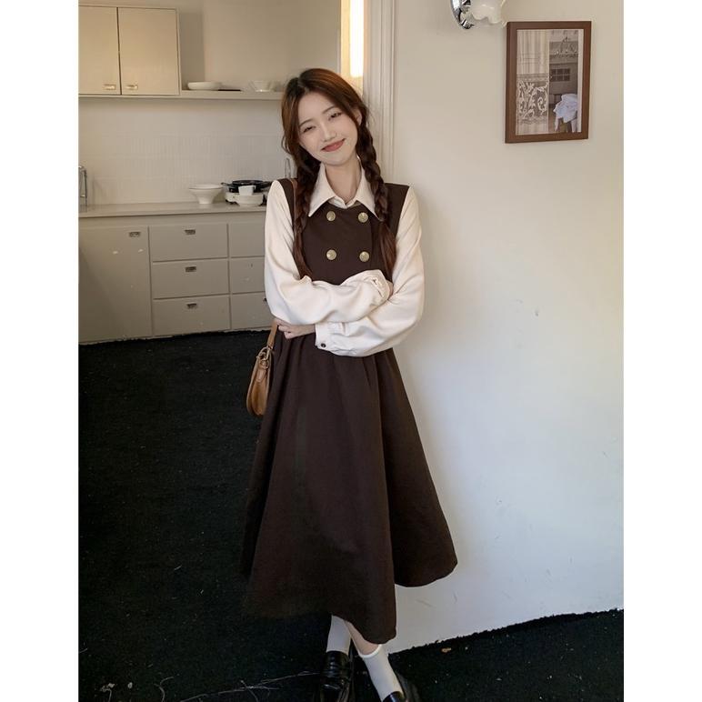 Wajib Punya Dress Retro Kasual Wanita Gaya Korea Dress Lengan Panjang Kerja Longgar