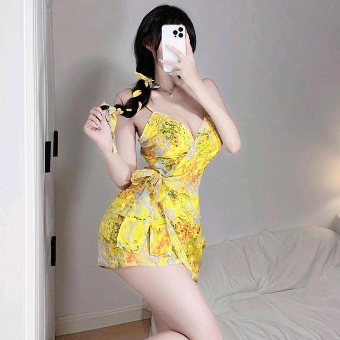 Kimono Wanita Lingerie Sexy Baju Tidur Tipis Transparant Nf432 Desain Bunga Kuning Elegan