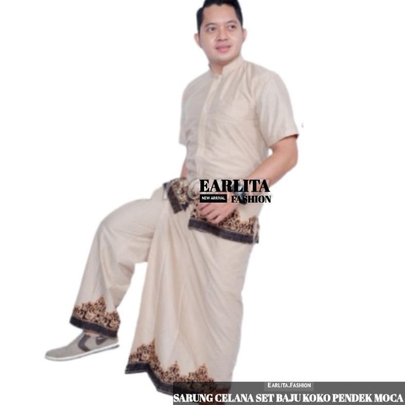 Super Deal Baju Koko Dewasa Setelan Sarung Celana Kemeja Batik Pria Koko Hitam Lengan Panjang Dan Pe