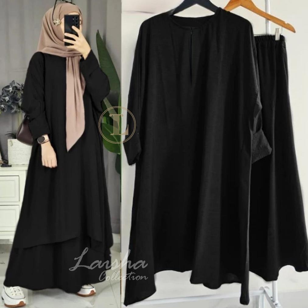Hemat (Bisa Cod) Abaya Tunik Setelan Atasan + Rok Crinkle Airflow Umroh Waita Muslim Kekinian / Gami