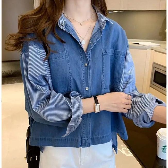 Termurah Kemeja Jeans Denim  Oversize Atasan Wanita Kombinasi Salur / Kemeja Jeans Wanita Oversize