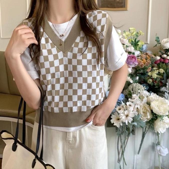 Vest Rajut Knit Catur Kotak Kotak Korean Style / Vest Rompi Wanita Top Atasan Panjang Tebal Knitwear