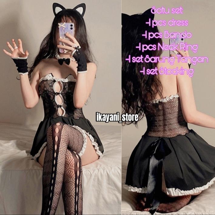 Gratong Catty Lingerie Cosplay Kostum Kucing Set Bandana Stocking Wanita Sexy Baju Dinas Malam Istri