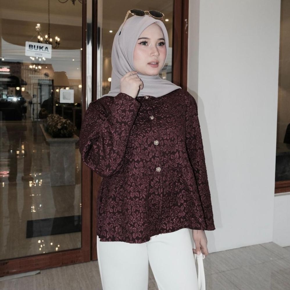 RECOMMENDED MODEST - Kiana Blouse Flower Blouse Jacquard Atasan Peplum Lengan Panjang Baju Blouse Le