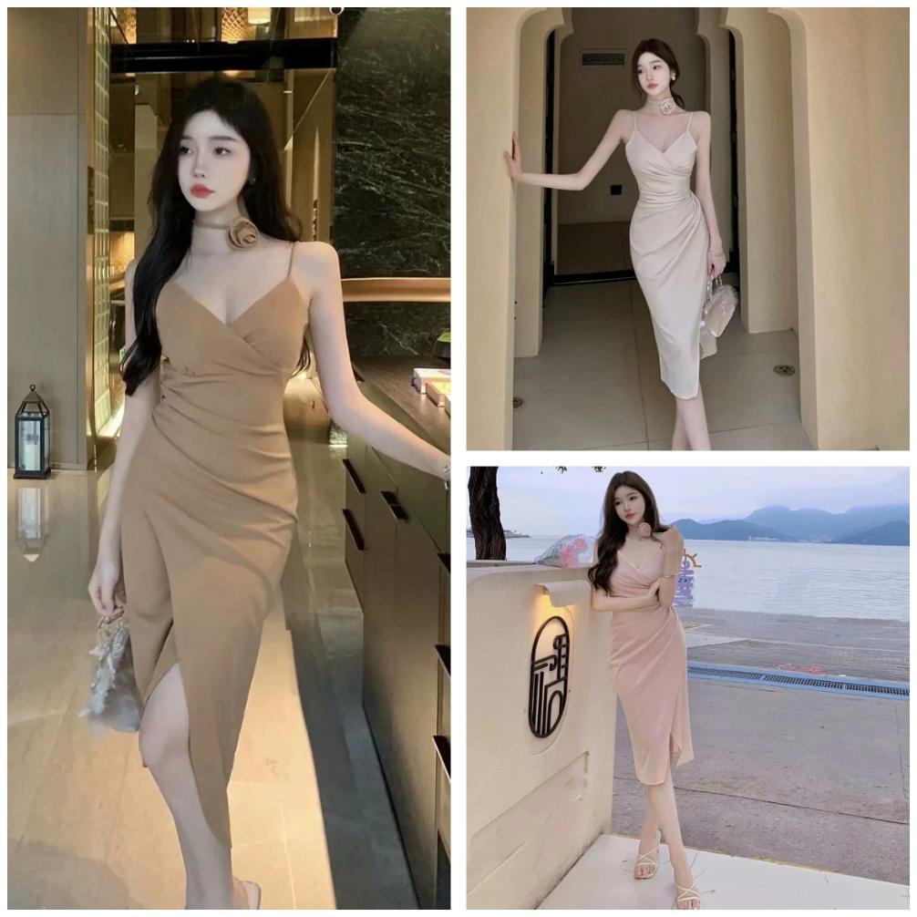 Unik Meirong Baju Midi Dress Pink Soft Press Body Wanita Elegan Wanita Simple Dress Terbaru 2026 Imp