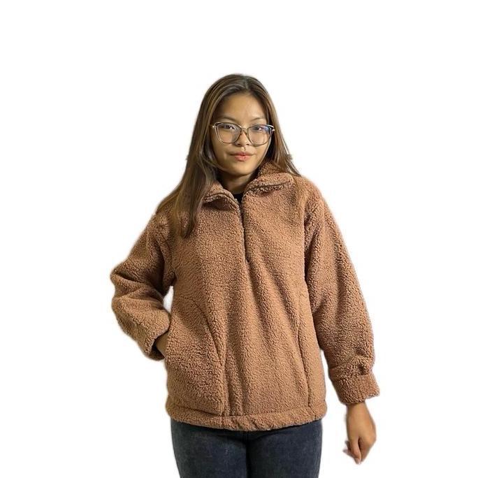 Sweater Half Zip Shea Bulu Domba Sweater Wanita Fashion Tebal