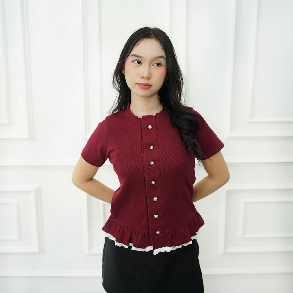 Original Ambrogio - Evie Ruffle Lace Knit Top | Atasan Wanita Lengan Pendek Rajut Elegan Sweet Look