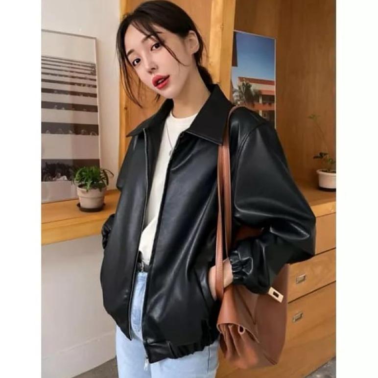 TERBARU Jacket Kulit Bomber Kerah Wanita Jaket Bomber Kulit Kerah Casual
