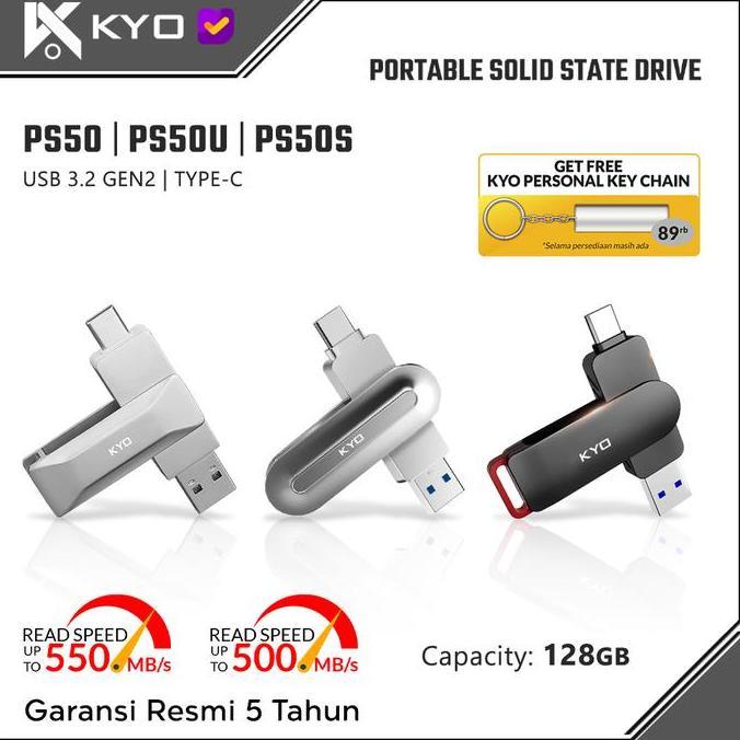 NEW KYO PS50 / PS50U / PS50S 128GB PORTABLE SSD USB 3.2 TYPE C EXTERNAL SSD EKSTERNAL USSD ORI