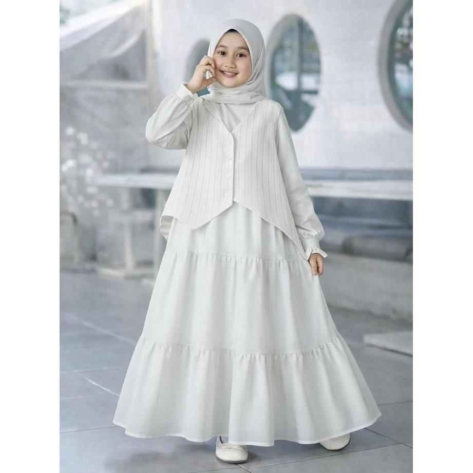 NEW GAMIS ANAK PREMIUM STRIPE VEST OUTER SYARI | BAJU LEBARAN ANAK PEREMPUAN CANTIK & NYAMAN ORI