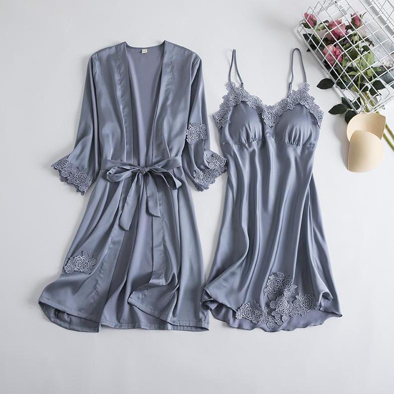 NEW DEALS VICTORIA - KIMONO ONE SET DRESS+OUTER  LINGERIE ICE SILK KIMONO PANJANG BAJU TIDUR WANITA 