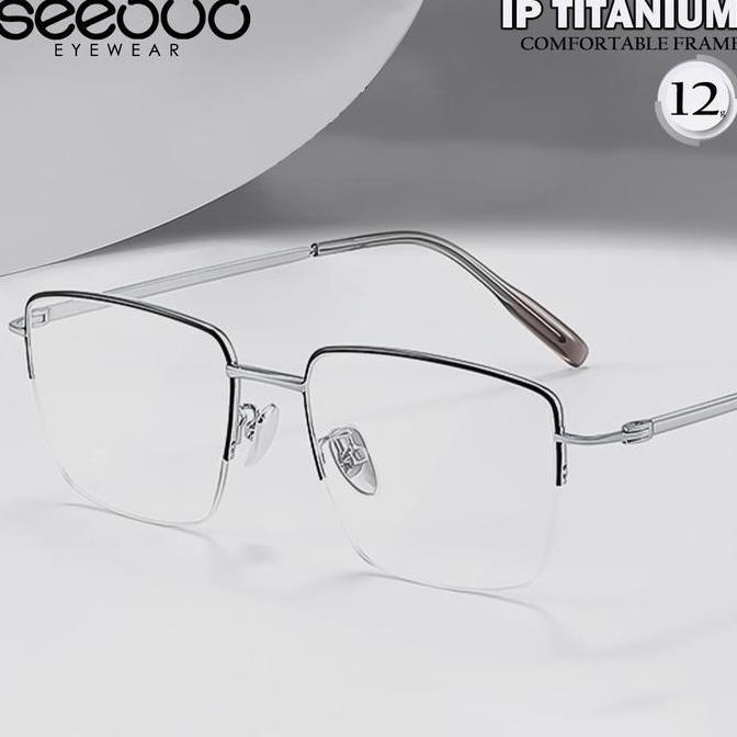 Murah Seeouo Kacamata Design Kotak Style Half Rim Simple Titanium Frame High Quality Lentur Fashion 