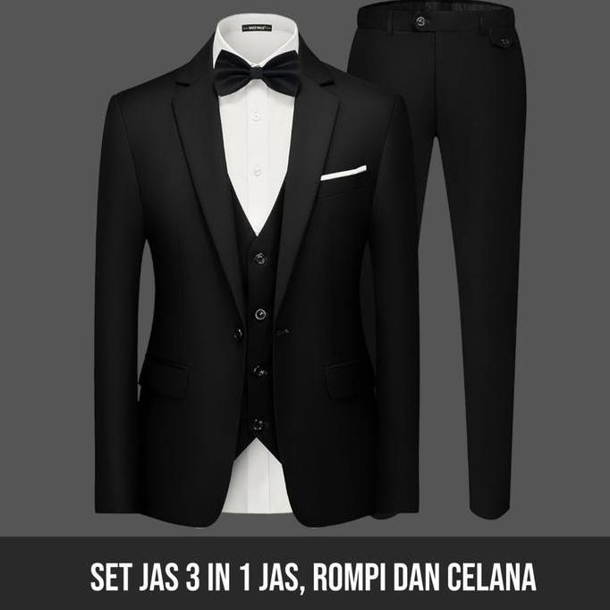 JAS BLAZER HITAM PRIA RESMI FORMAL SEMI WOOL SLIMFIT / SETELAN JAS 3 IN JAS BLAZER KEMEJA PUTIH DASI