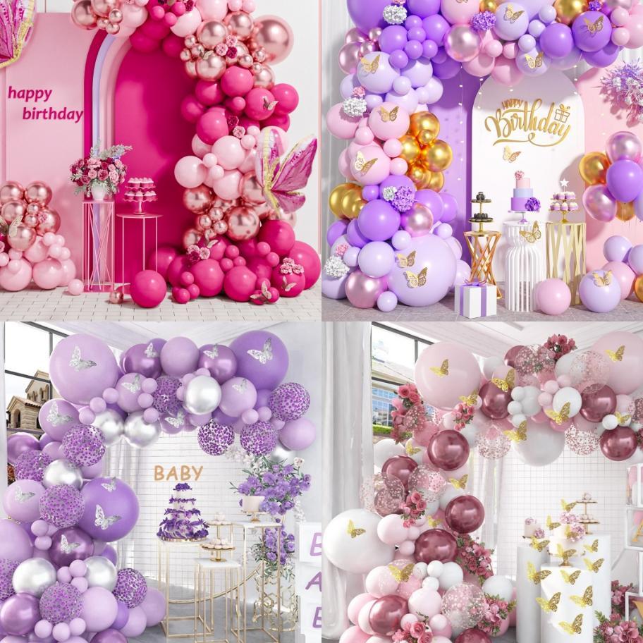 Balon Set Ungu Pink Kupu Kupu 3D Dekorasi Baptisan Bayi Pesta Ulang Tahun Anak Perempuan Dekorasi Pe