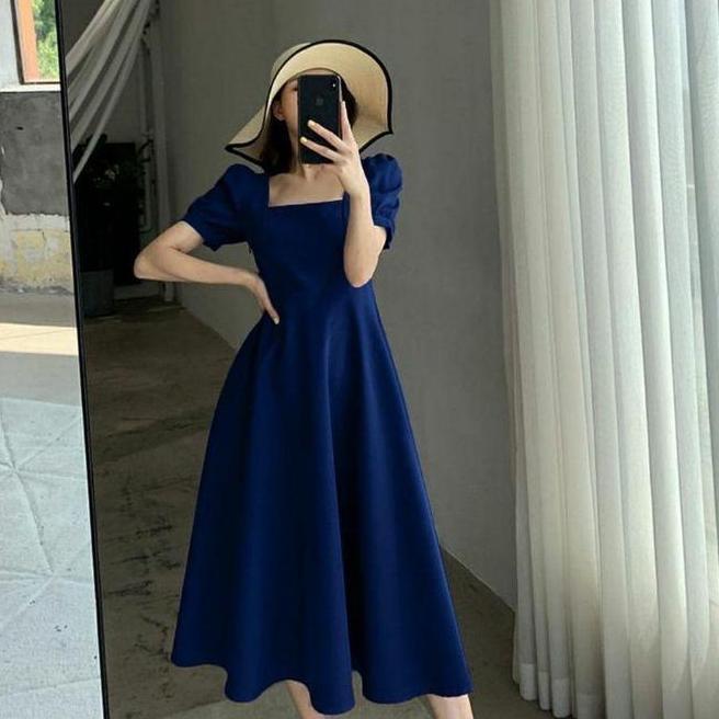 Fg01 Dress Wanita Polos Bahan Moscrepe Dress Leher Kotak Dress Bodycone Dress Putih Casual Karet Mid