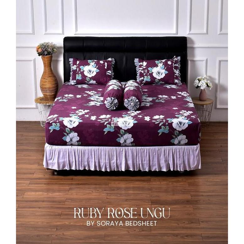 Soraya Bedsheet Bunga Besar Ruby Rose Ungu 180X200X30Cm Sprei Karet Katun Gold Modern & Dekorasi Kam
