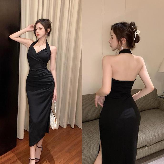 Keepgoing- 7828 Black Midi Dress Tanpa Lengan Gaun Tergantung Prom Gaun Ketat Nita Gaun Musim Panas 