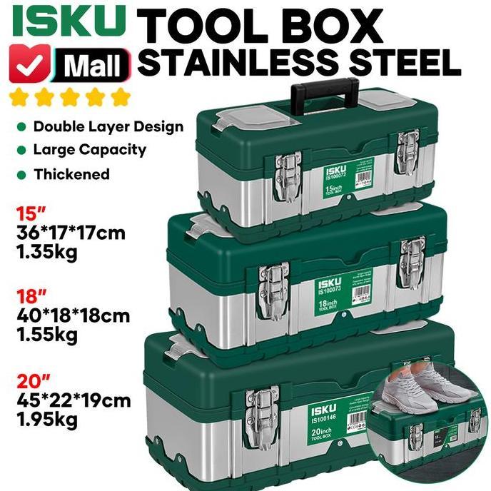 ISKU Tool Box Besi Stainless Steel Hard Case Hijau Kotak Perkakas Plastik PP Hitam Anti Pecah Tempat
