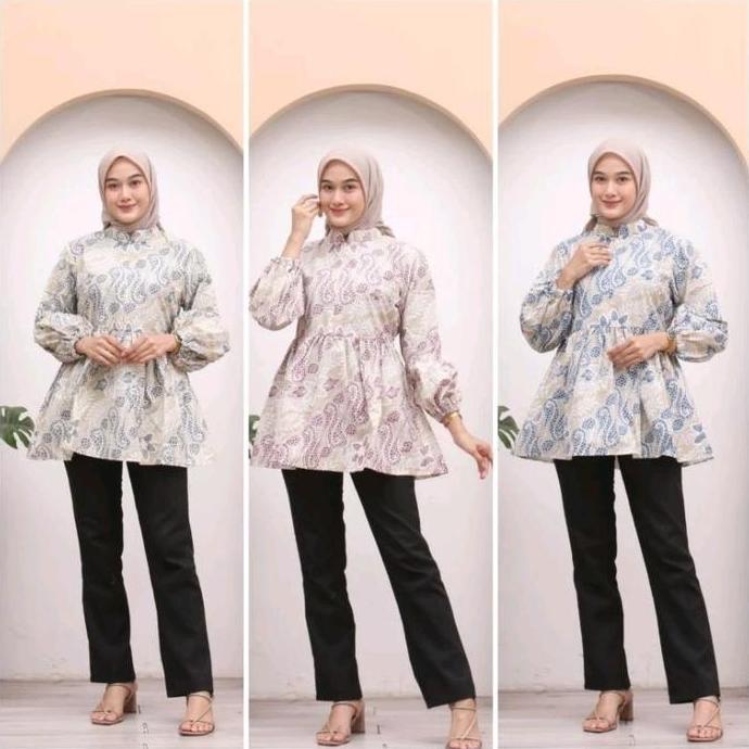 Baju Batik Wanita Blouse Batik Lengan Balon Seragam Kerja Jumbo