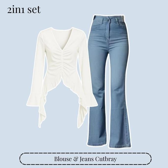 Jisou Oneset ( Blouse Ruffle, Cutbray Jeans, Tas) 3in1 Atasan Jellyfish Outfit Jisoo Blackpink |FS20