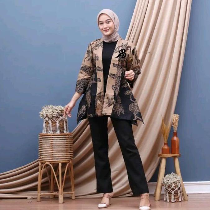 DISKON SPECIAL  Blazer Batik Wanita Modern Outer Batik  Lengan Panjang Bahan Katun Seragam Kerja Mot