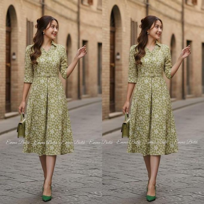 Emma.Butik E00528 Gaun Midi Kondangan Jacquard Wanita V-neck Dress Pesta Gereja A-line Lilac Biru Fo