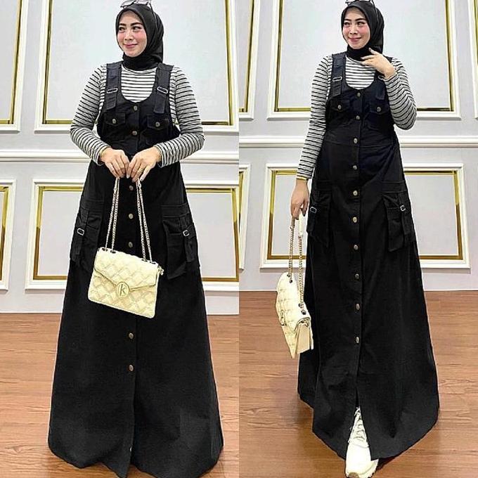 YUK CHECKOUT  Overall Wanita Overall Overal Dress Kimpul Gamis Perempuan Jumpsuit Semi Jeans Hitam A