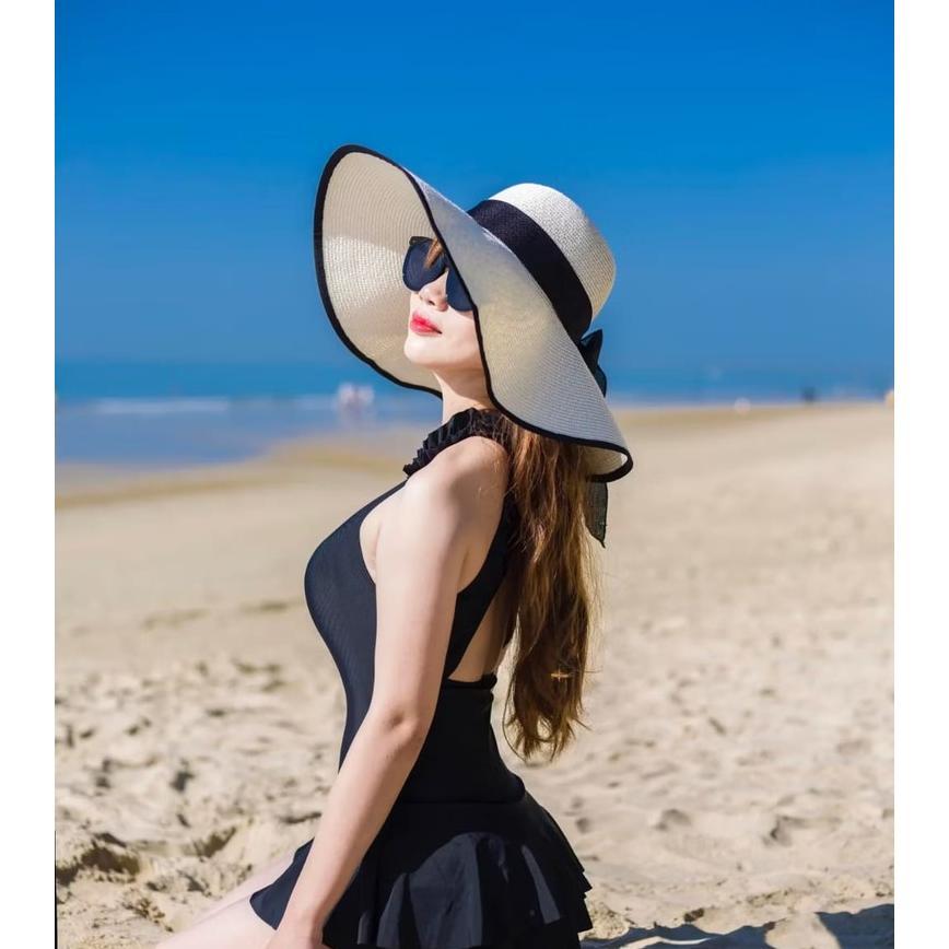 Topi Pantai Wanita Pelindung Uv / Topi Bisa Dilipat Tebel Dan Lebar Bahan Jerami Premium / Topi Pant
