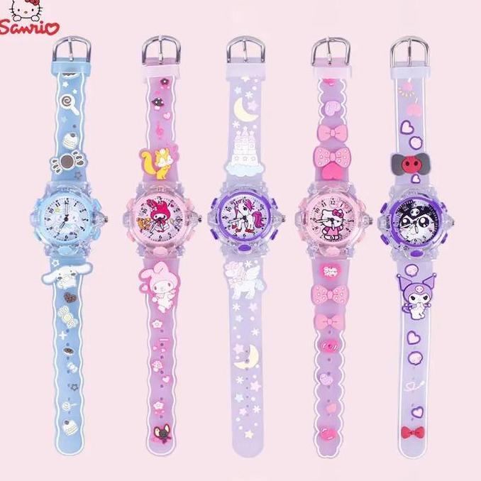 Jam Tangan Anak Sanrio Watch Analog Dengan Lampu LED Glowing Kuromi Twinkle Star Hello Kitty My Melo