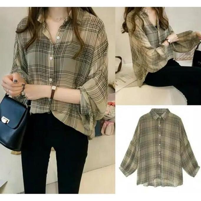 YUK CHECKOUT  BAJU ATASAN KEMEJA WANITA OVERSIZE LD 100cm KOTAK GUILEN KOREA ELEGAN YUK CHECKOUT 