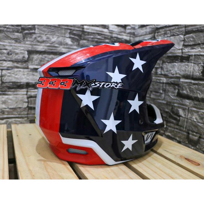 Helm Fox V1 Ultra White Red Blue Helm Cross Fox V1 Ultra Original Fox Original Dan Terpercaya